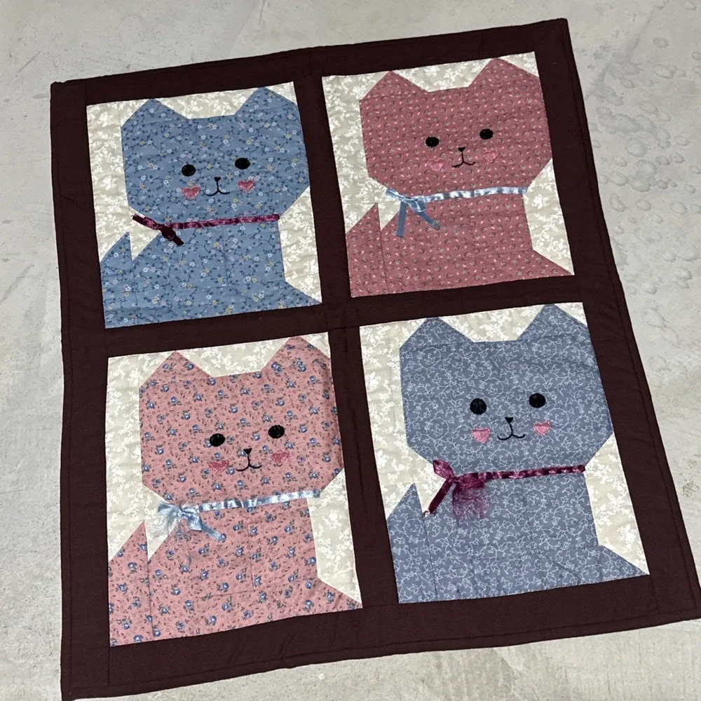 Kitty Cat Quilt Wall Hanging Handstitched Artwork SZ 20x25 Baby Blue Pink